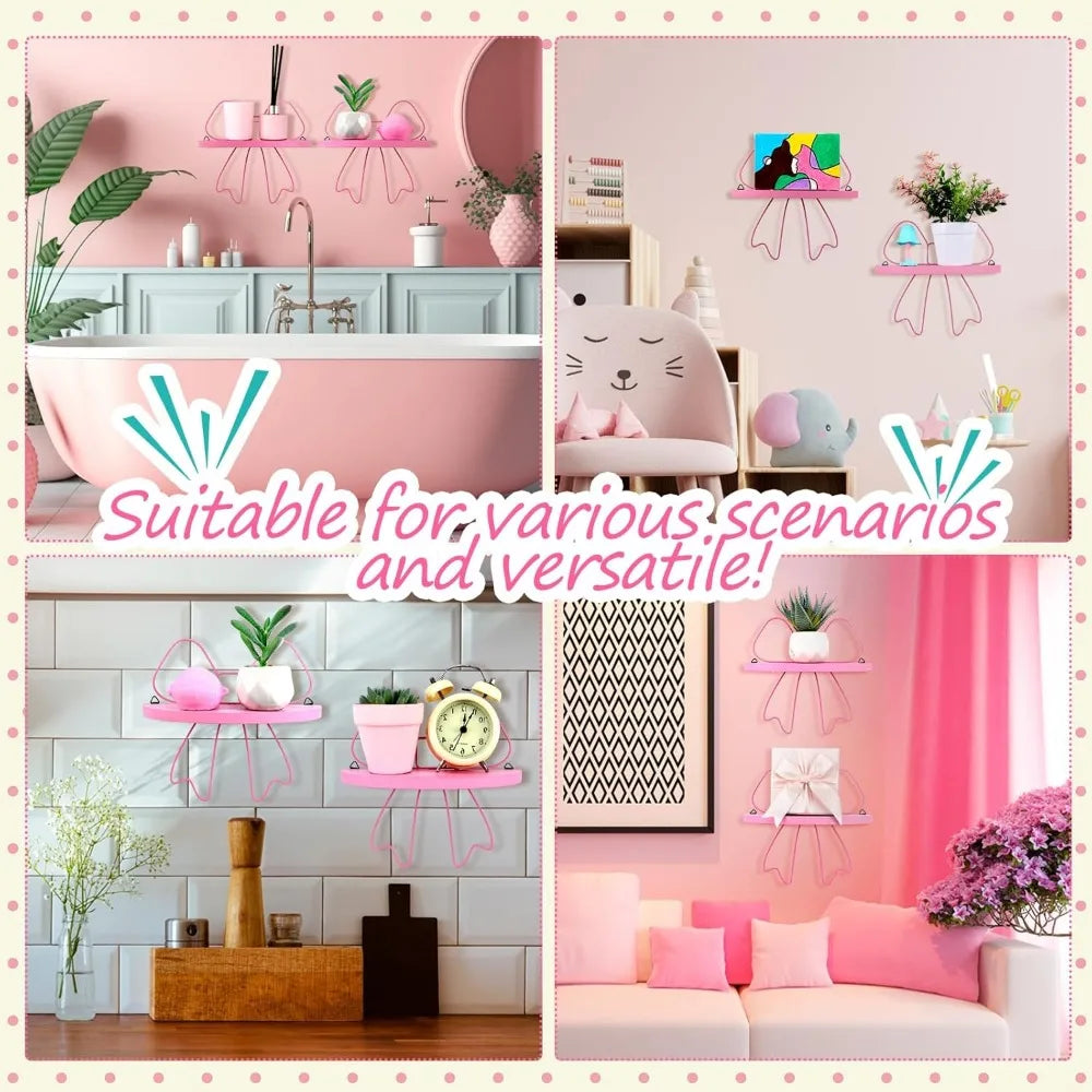 2 Pcs Kawaii Floating Shelf Pink Coquette Bow Wall Decoration Butterfly Semicircle Hanging Shelves Pink Bow Princess Wall Decor