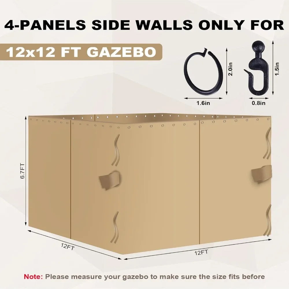 12'x12' Gazebo Curtains Outdoor Waterproof, Khaki Universal Replacement Curtain 4-Panels, Sidewalls with Zipper for Garden, Pati