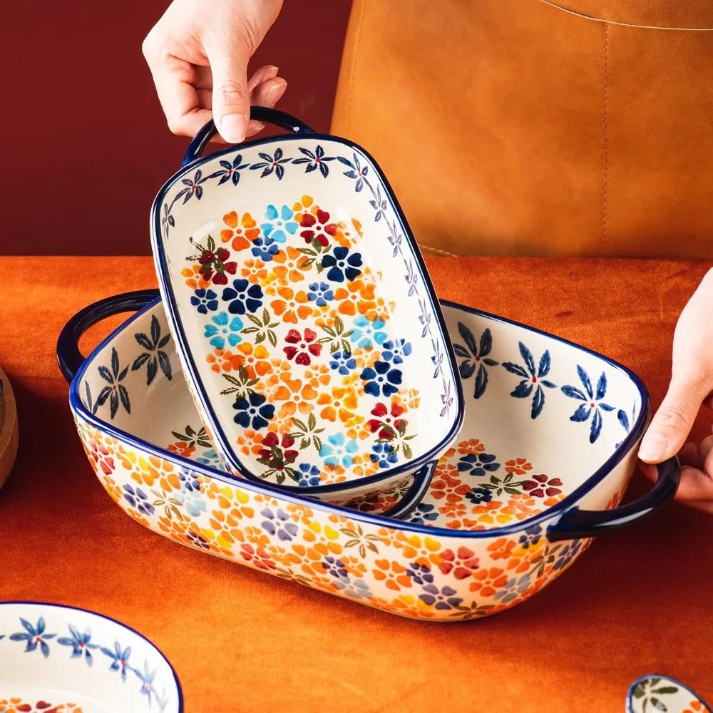 Vintage-Inspired Rectangular Ceramic Baking Dish Set, 2-Piece Handcrafted Porcelain Bakeware with Floral Pattern
