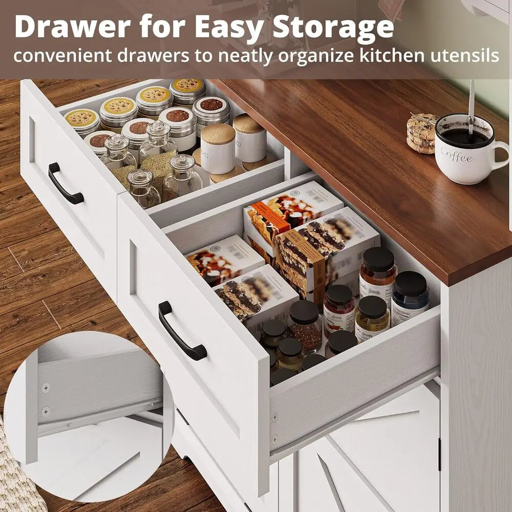 IRONCK 72" Kitchen Pantry Storage Cabinet, Farmhouse Kitchen Hutch with Microwave Stand & Charging Station, Trash Can Cabinet
