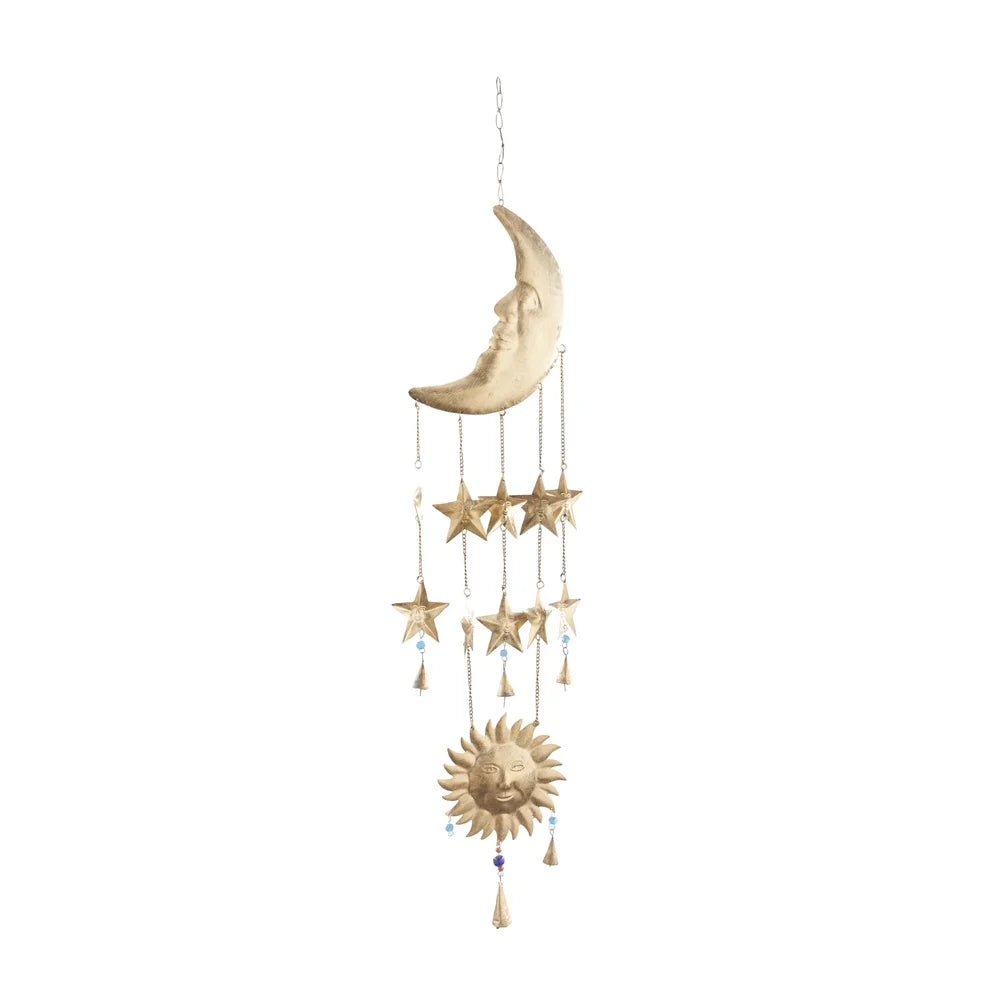 Gold Metal Windchime Bell with Moon Stars Sun Beads Indoor Hanging Decor 39 Inch Eclectic Gift Home Accent