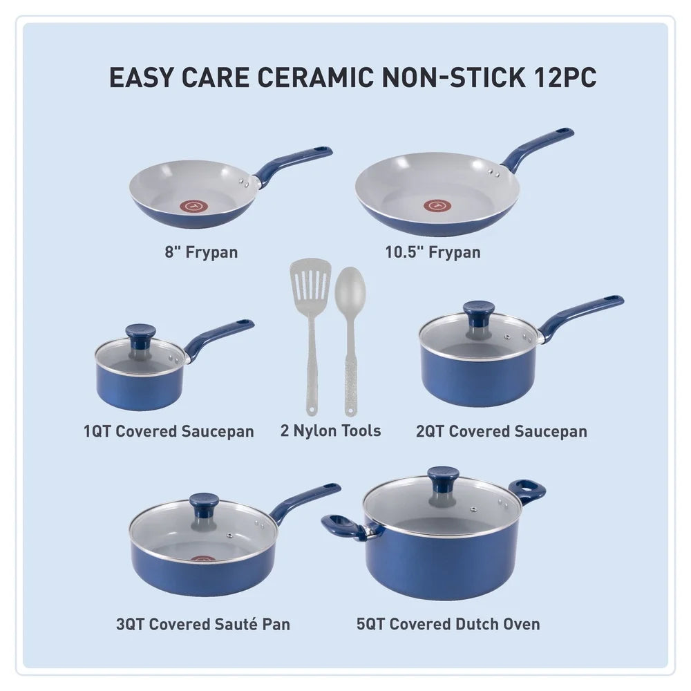 12 Piece Non Stick Ceramic Cookware Set with Thermo Spot Technology Comfortable Handles Easy to Clean Even Heat Base Kitchen