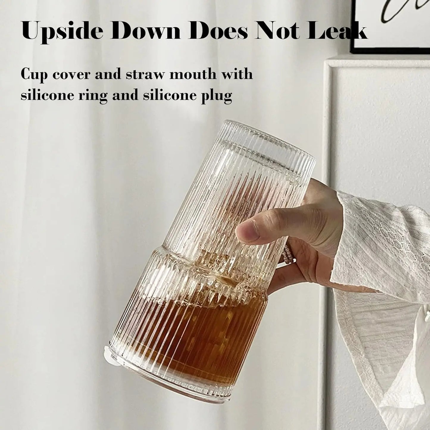 20oz Iced Coffee Cup with Lids, 2 Pack Clear Glass Tumbler with Straw & Lid, Ribbed Glassware Cups, Dishwasher Safe Drinking Gla