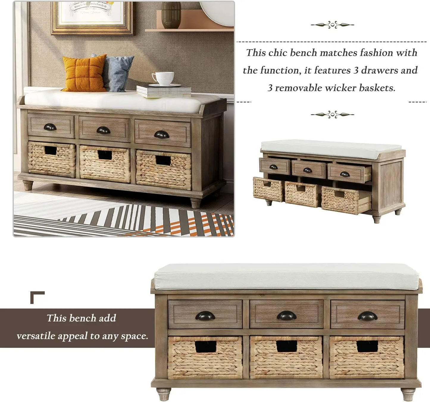 Wood Storage Bench with 3 Drawers, 3 Rattan Baskets, Rattan Entryway Bench with Removable Cushion Home (White Washed)