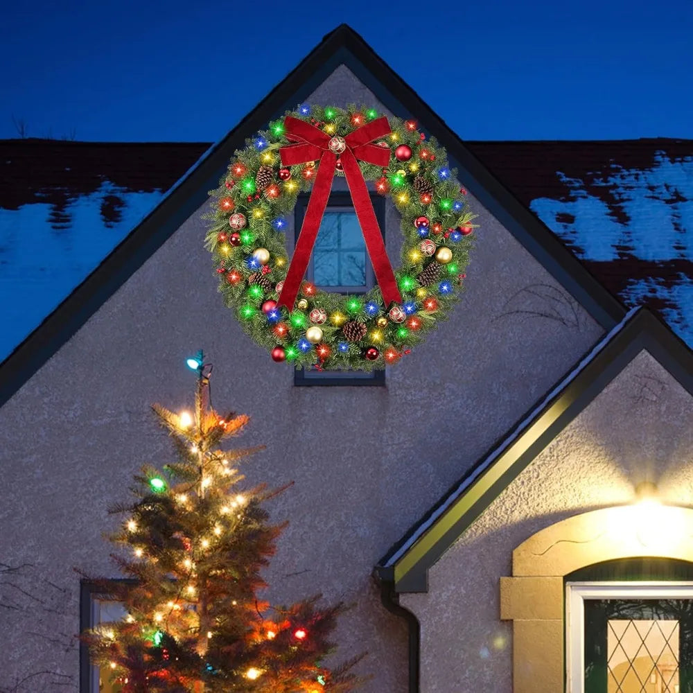 Vlorart 48 Large Outdoor Christmas Wreath with 200 LED Lights, Artificial Pre-lit Decor for Home Exterior