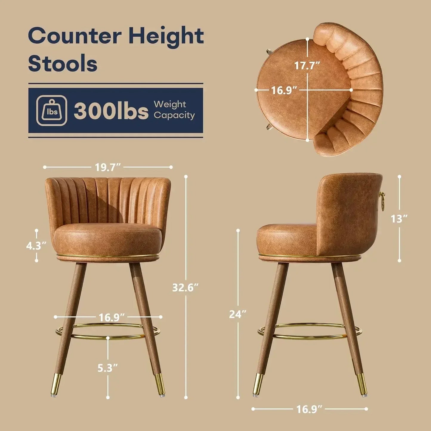 XMSJ.Counter Height Bar Stools Set of 4, Swivel Bar Stools with Back, 24" H Seat Height Upholstered Counter Stools with Wood Leg