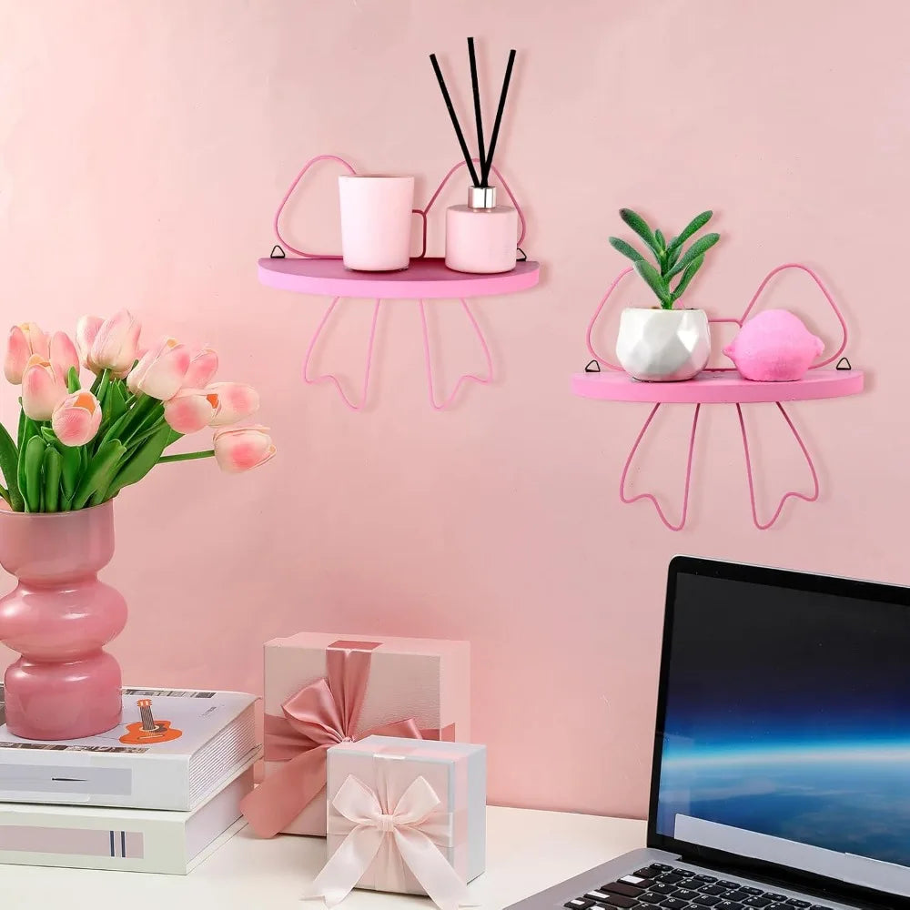 2 Pcs Kawaii Floating Shelf Pink Coquette Bow Wall Decoration Butterfly Semicircle Hanging Shelves Pink Bow Princess Wall Decor