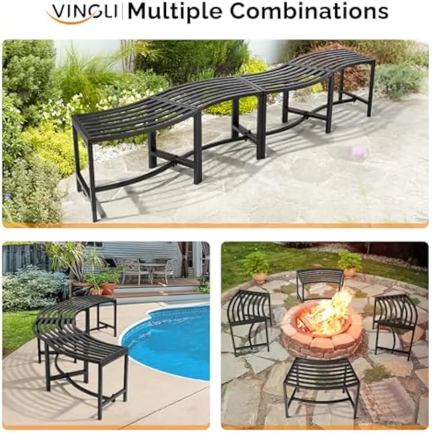 Outdoor Metal Curved Bench, Weatherproof Fire Pit Bench Set of 4, Heavy Duty Steel Backless Benches, Metal Outside Seating