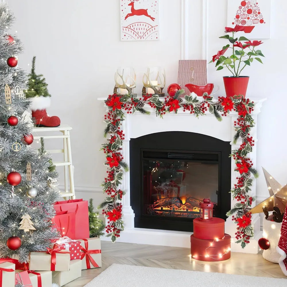 6FT Red Berry Christmas Garland,Artificial Berries Garland with Pine Cones,Poinsettia Flowers and Holly Leaves,Poinsettia Chris