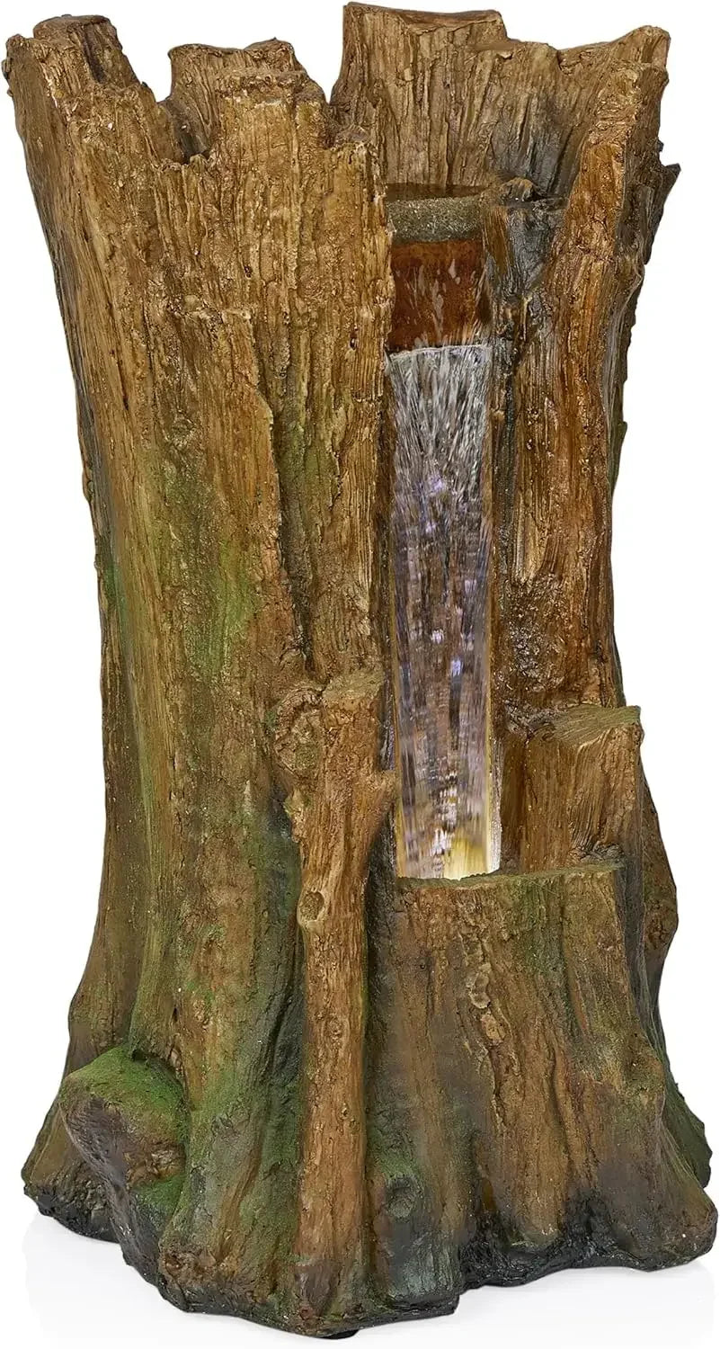 XMSJ.TZL294 Tree Trunk Fountain w/Cool White LED Lights, Waterfall for Garden, Patio, & Lawn, 22" H, Brown