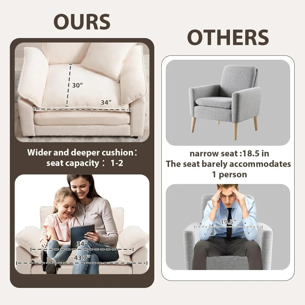 Modern Oversized Chair Set of 2, Comfy Chenille Accent Chair Large Upholstered Armchair with Extra Thick and Deep Seat Lounge