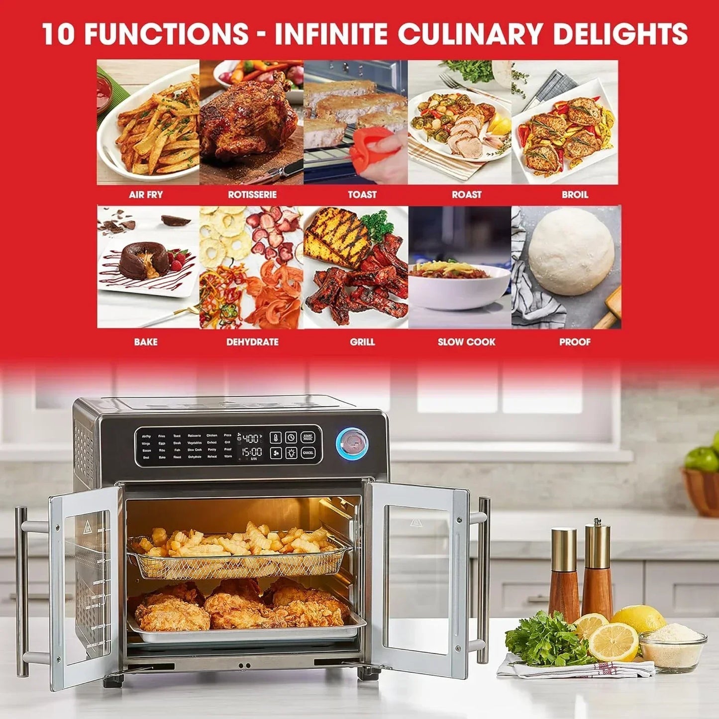 NEW Extra Large Air Fryer, 26 QT,Convection Toaster Oven with French Doors, Stainless Steel.