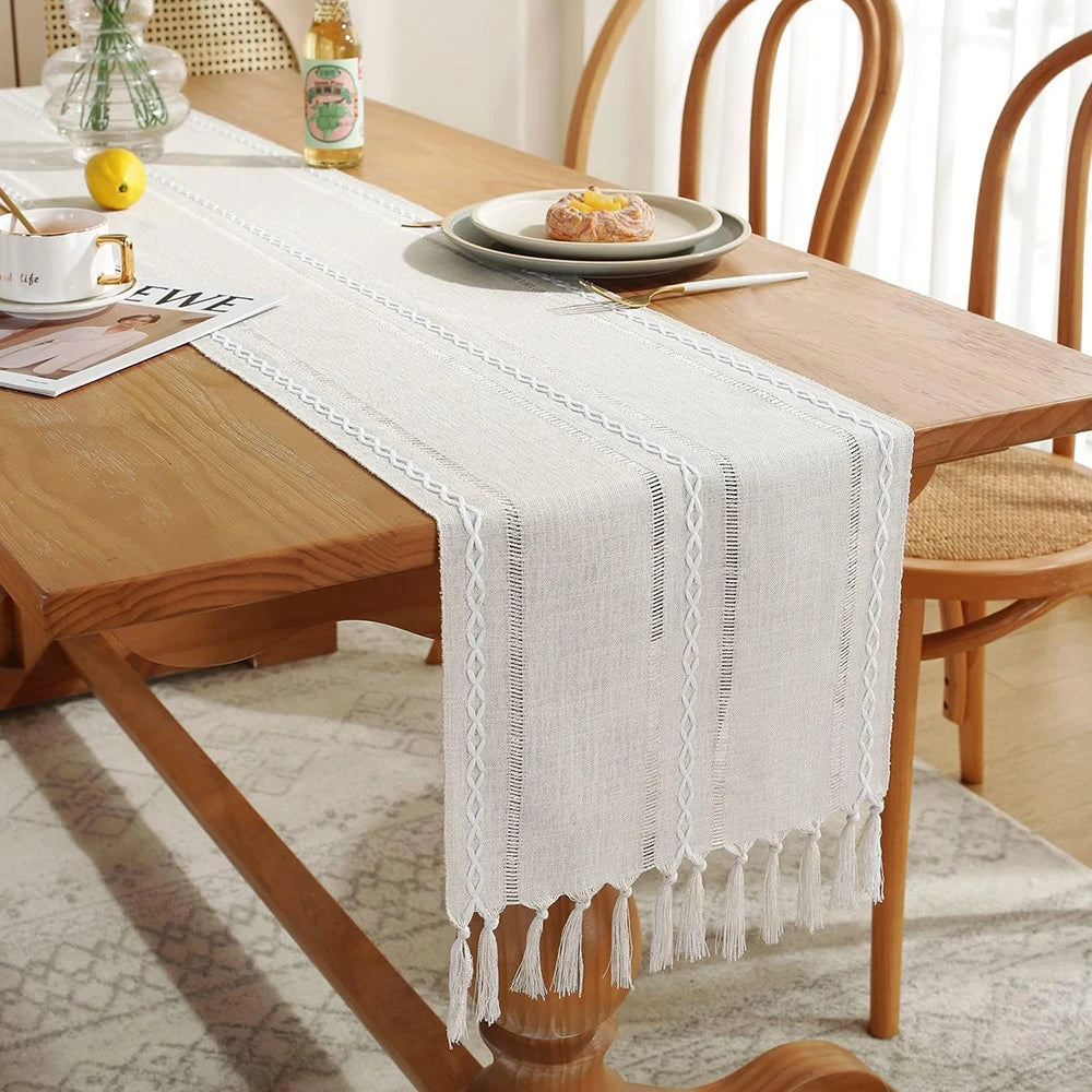 MACT Rustic Table Runner with Tassels Cotton Linen Embroidered Table Runners for Dining Table Decorations Holiday Party Wedding