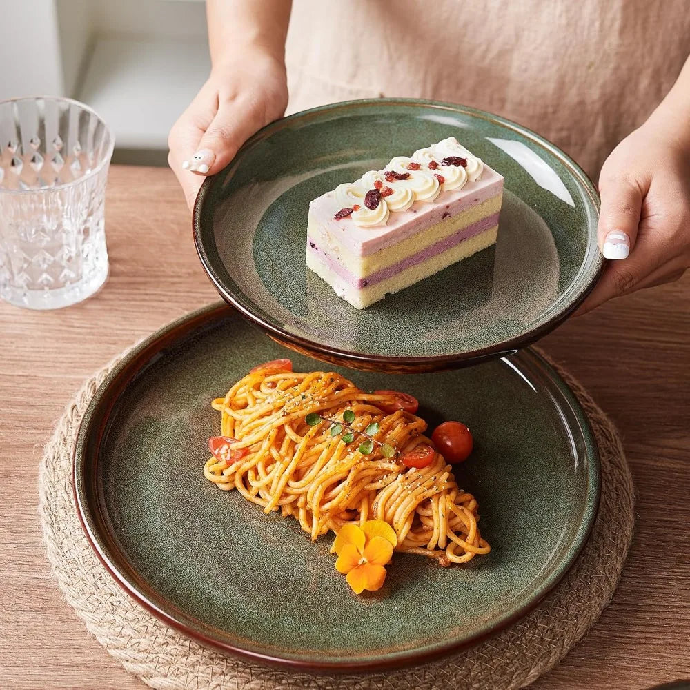 Stoneware Dinnerware Sets Service for 4, 12 pcs Reactive Glaze Plates and Bowls Sets, Handmade Ceramic Dish Set, Highly Chip and