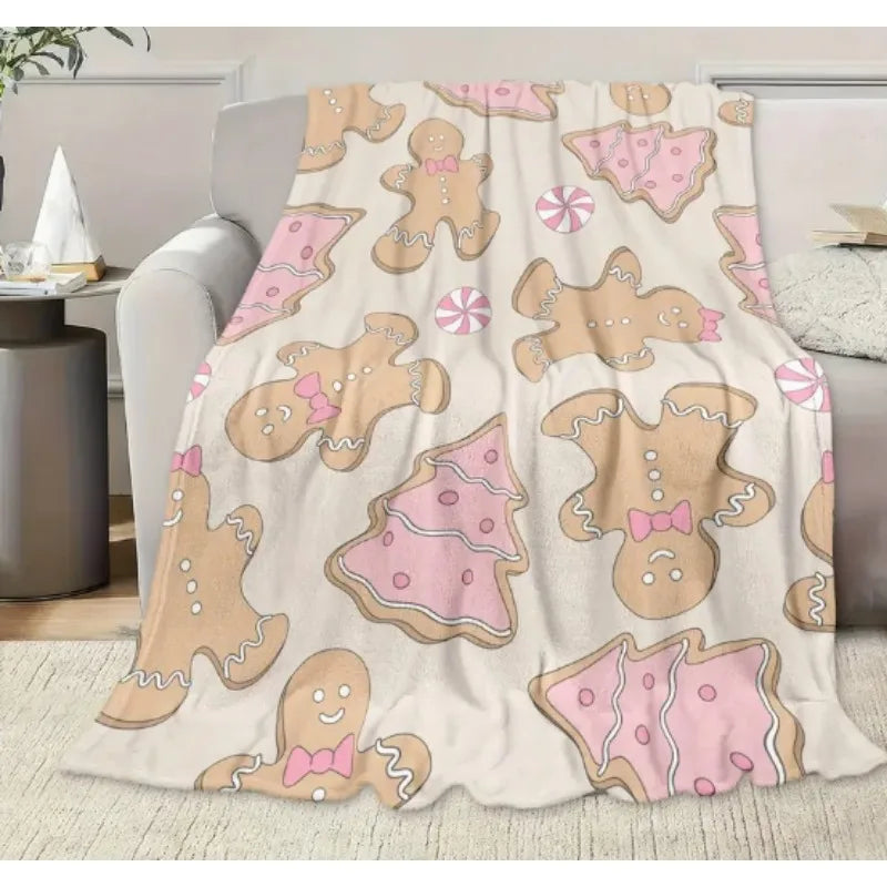 Christmas themed pink gingerbread blanket, can be used for sofa, lunch break, travel, holiday gifts, camping, home decoration