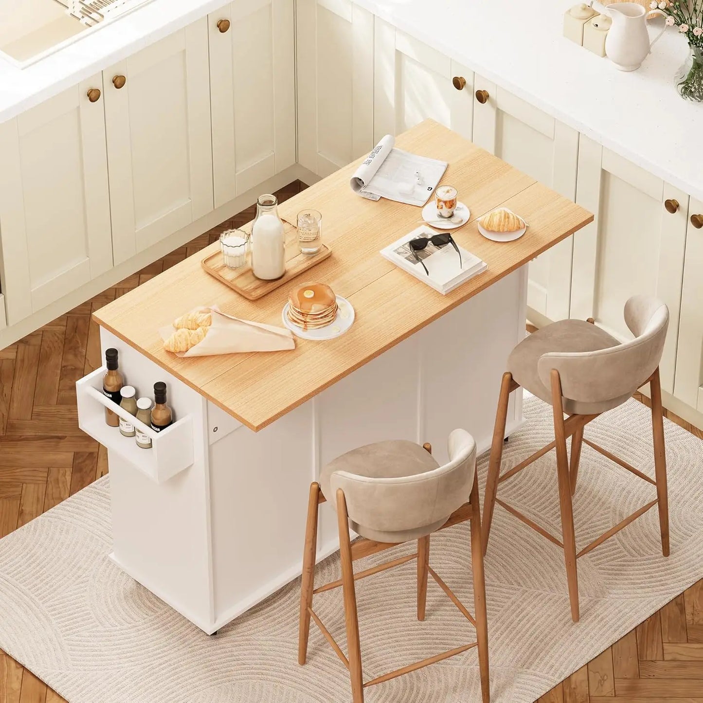 Rolling Kitchen Island with Trash Can Storage, 48” Kitchen Island Cart with Drop Leaf Countertop, Island Table with Drawer & She