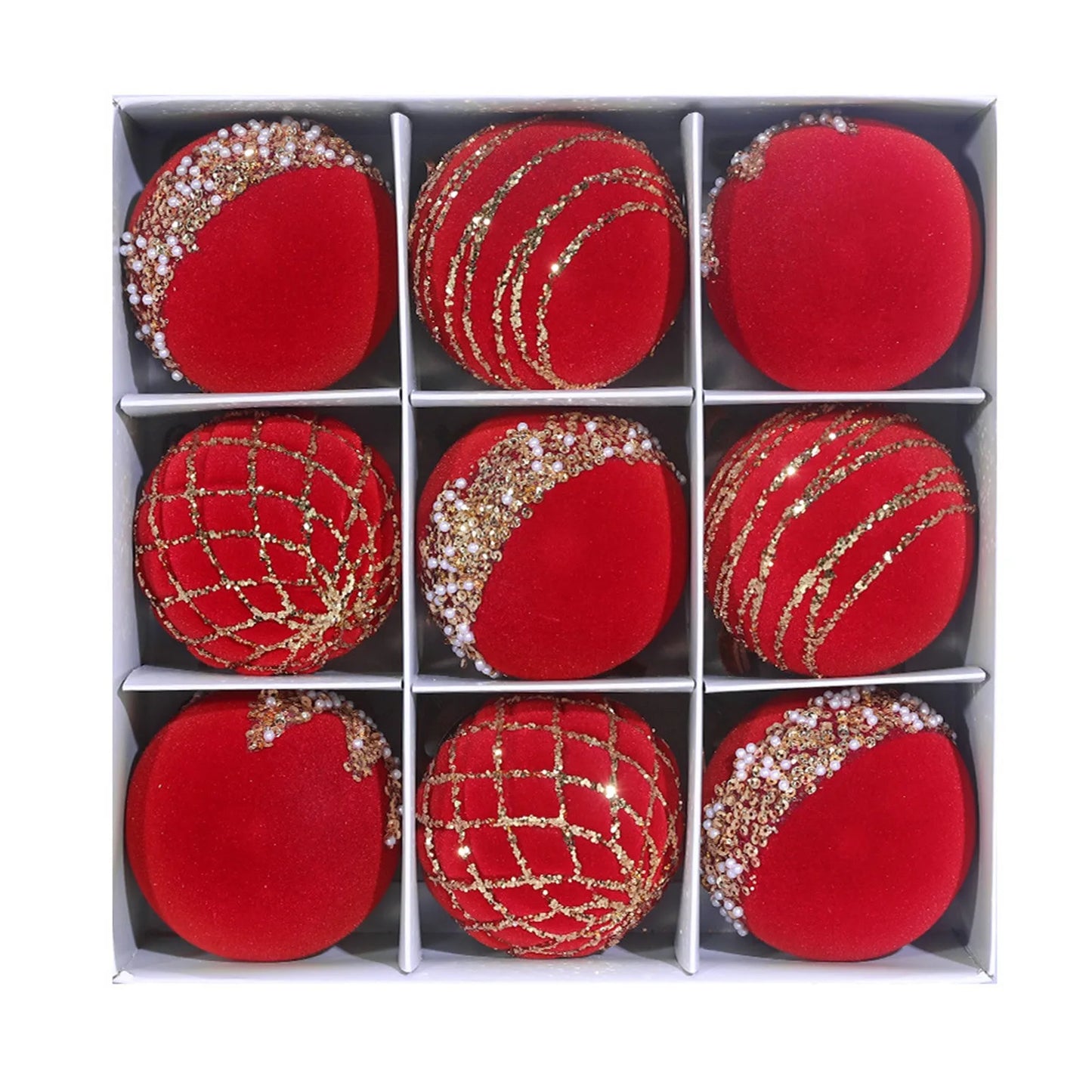 Christmas Ornament Red Gold Patterned Flocked Plastic 8cm 9pcs Christmas Tree Decor Festive Home Xmas Ball Set Accessory