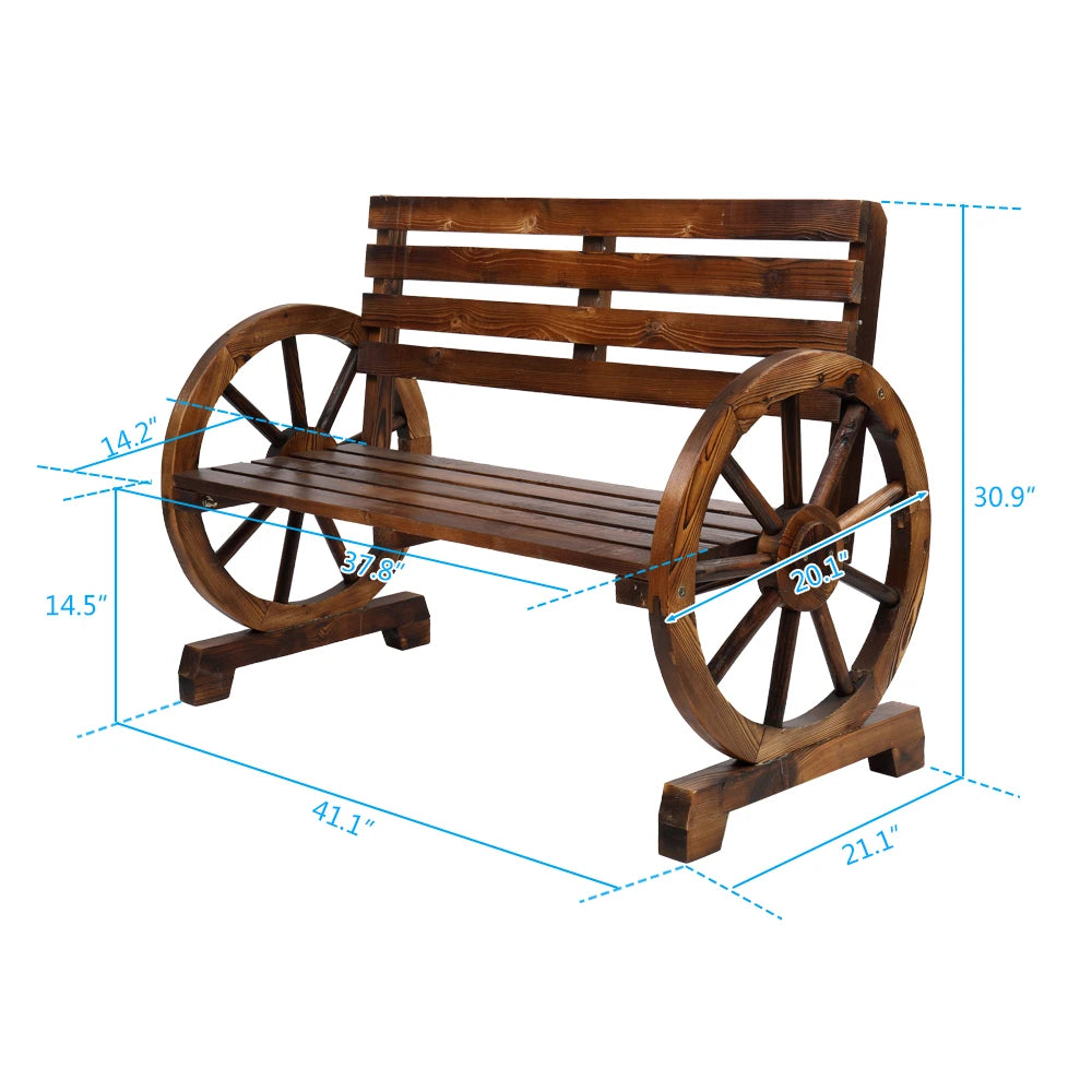 Rustic 2-Person Wooden Wagon Wheel Bench with Slatted Seat and Backrest, Brown