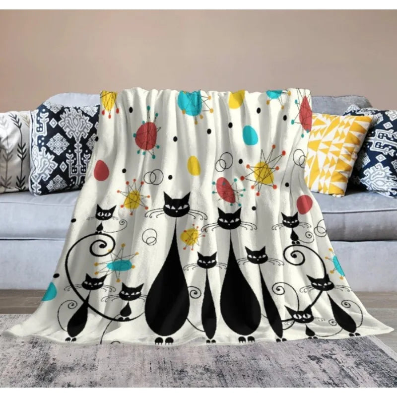 Mid-Century Modern Throw Blanket, Atomic Black Cat Starburst Iconic Satellite Retro Abstract Geometric Throw Blanket