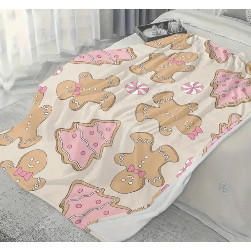 Christmas themed pink gingerbread blanket, can be used for sofa, lunch break, travel, holiday gifts, camping, home decoration
