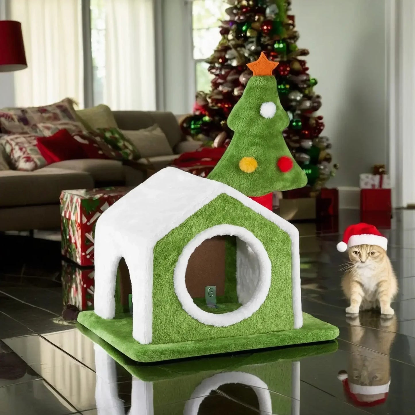 24in Christmas Cat House Cat Bed Cave, Soft Plush Christmas Nest Holiday Decor for Indoor Cats