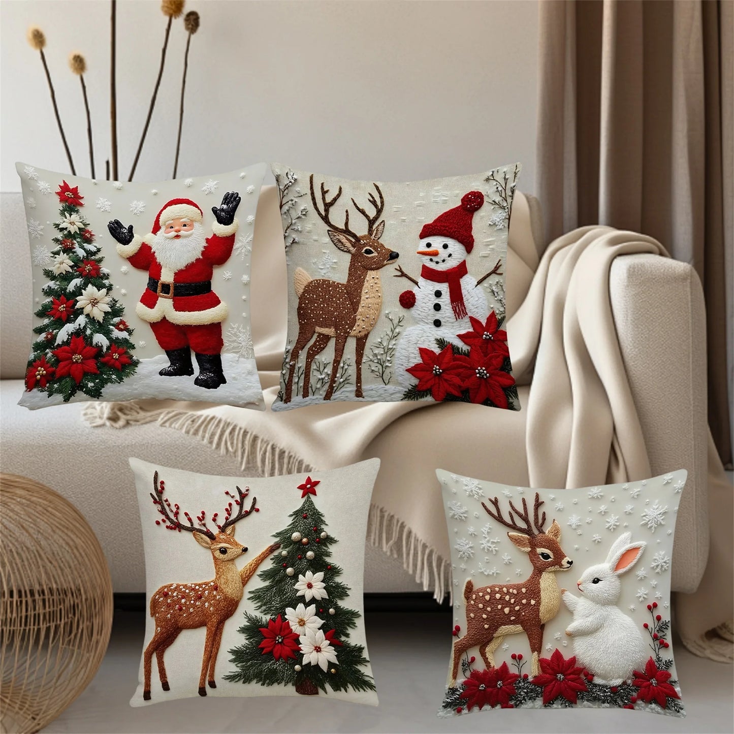 Set of 4 Christmas Pillow Covers featuring Santa Claus Reindeer and Christmas Tree Designs - Festive Holiday Pillow Cases