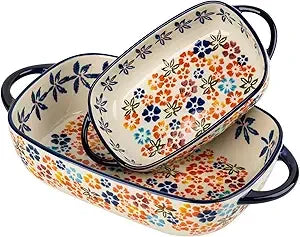 Vintage-Inspired Rectangular Ceramic Baking Dish Set, 2-Piece Handcrafted Porcelain Bakeware with Floral Pattern