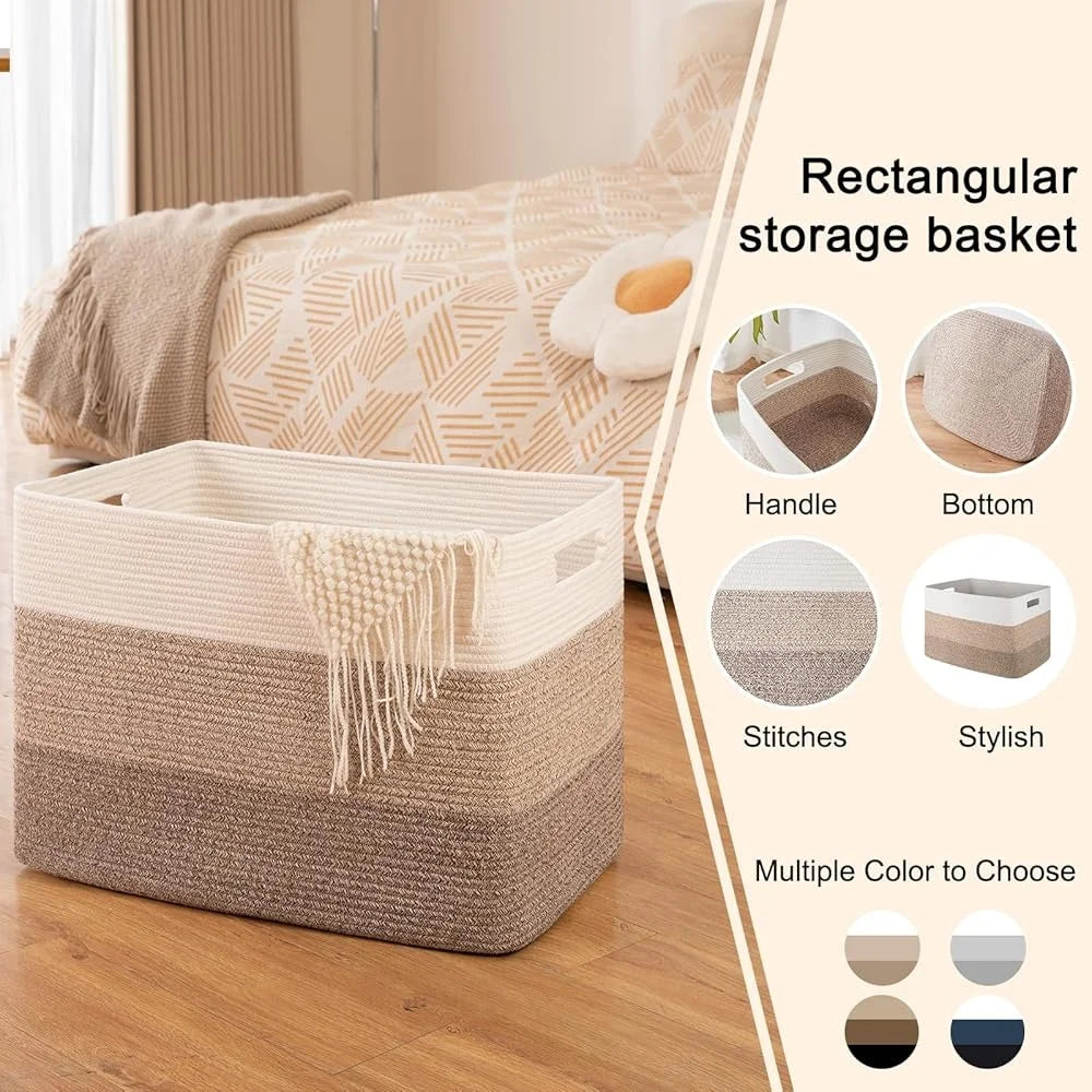 Large Cotton Rope Storage Basket Blanket Toy Organizer Woven Basket with Handles Living Room Nursery Bedroom Laundry