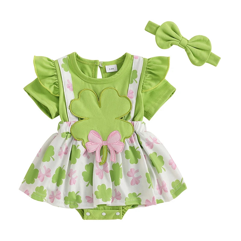 St Patrick s Day Baby Girl Outfit Shamrock Print Romper Dress with Bow Headband and Ruffled Skirt Hem Infant