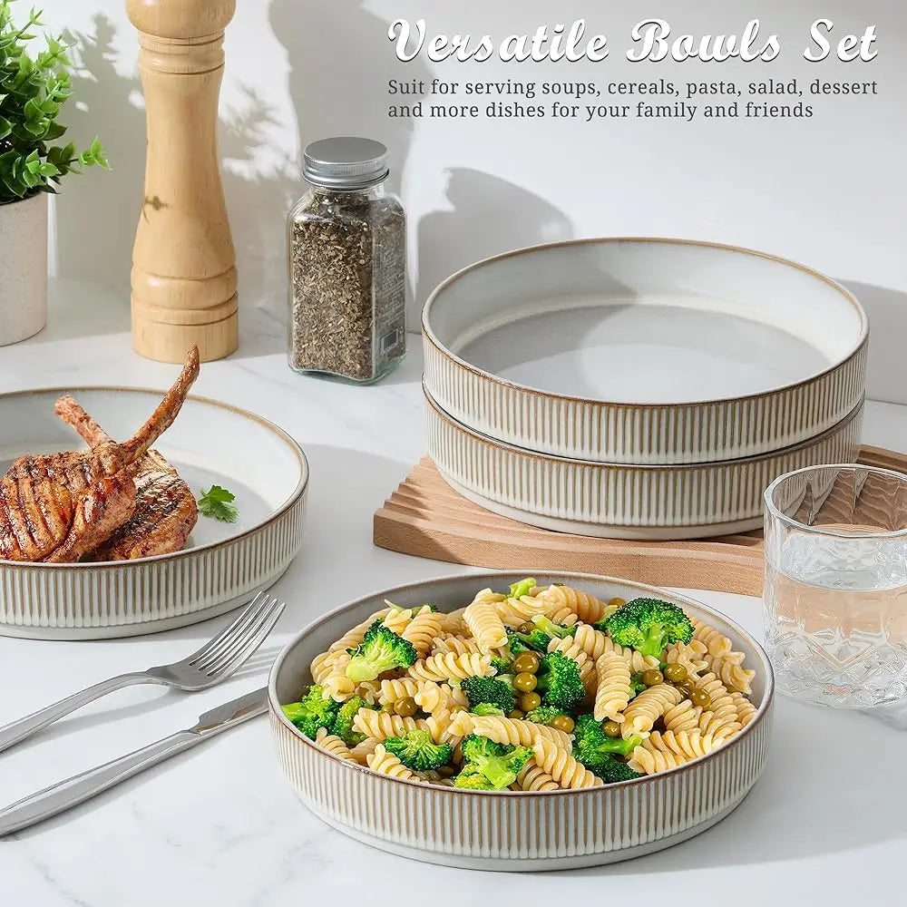 Pasta Bowls Set Of 4, 35Oz Large Salad Bowl Plate For Dinner Serving Soup, Wide & Shallow Ceramic Stoneware Pasta Plates,
