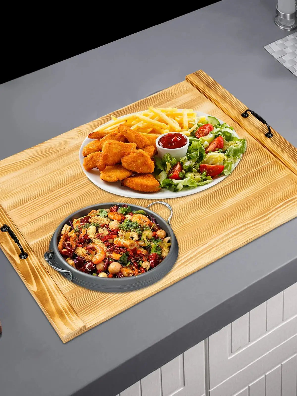 Kitchen Rectangular Panel Wooden Decorative Stove Top, Lightweight with Handle, Kitchen Serving Tray, Wood Color