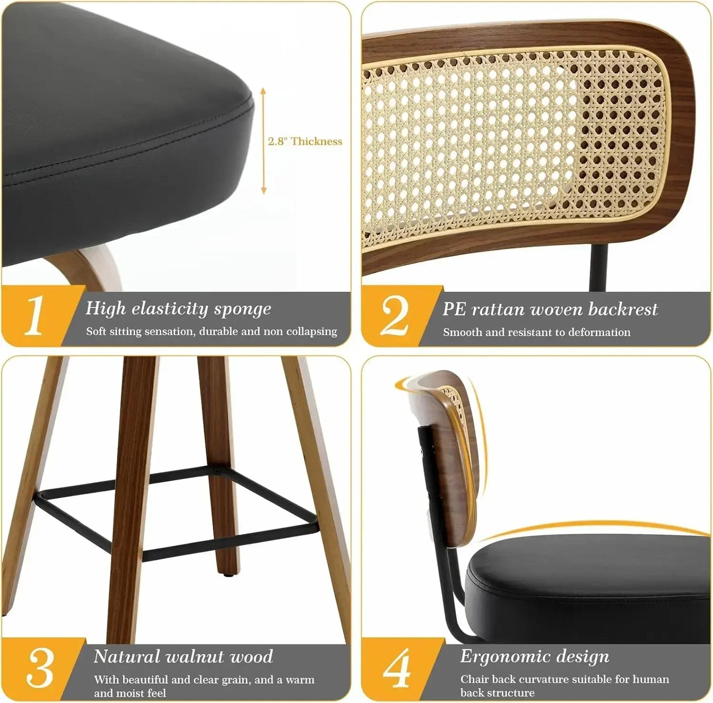Swivel Counter Height Bar Stools Set of 3,Rattan Back, 26" Seat Chairs for Kitchen Island, Bentwood Wood Frame, Black