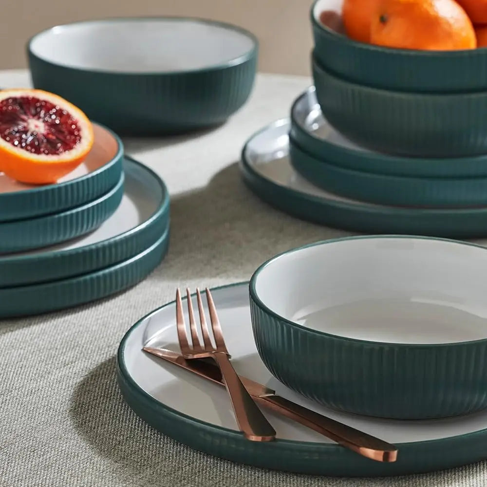 Christian Siriano Laro 12-Piece Stoneware Dinnerware Set, Plates And Bowls Set, Microwave And Dishwasher Safe, Dish Set For 4,