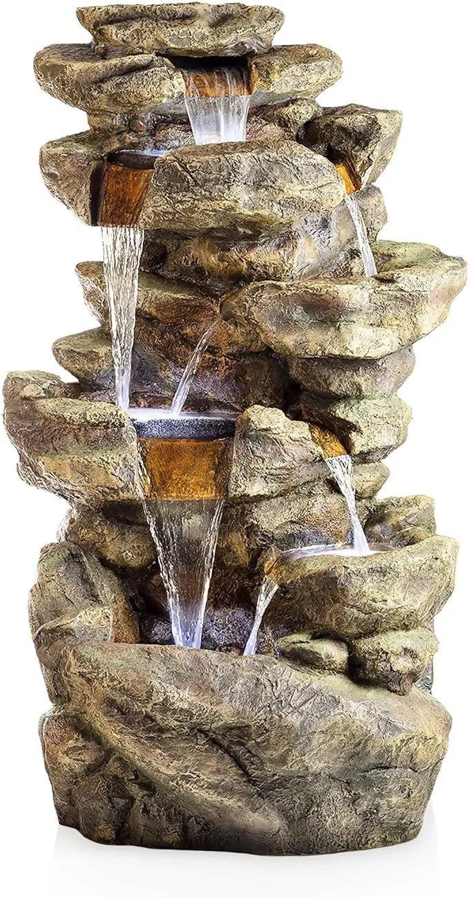 51 inch outdoor 6-story fountain with LED lights and natural stone appearance, suitable for gardens, rock waterfall fountains