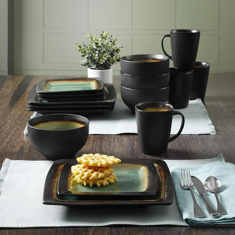Ocean Paradise Square Reactive Glaze Stoneware Dinnerware Set, Service For 4 (16Pcs), Jade
