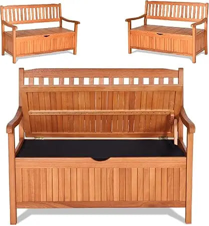Safstar Outdoor Patio Bench with Storage Box, 33 Gallon Capacity, Wooden Frame, Eucalyptus Material, Natural Color, 42 x 23 x 35