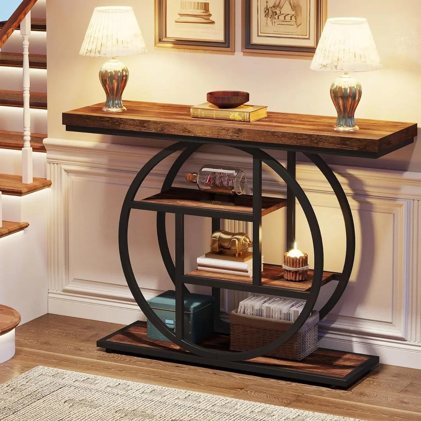 Customizable 41.3" Console Table, Industrial 4-Tier Sofa Table Entryway Table With Circle Base