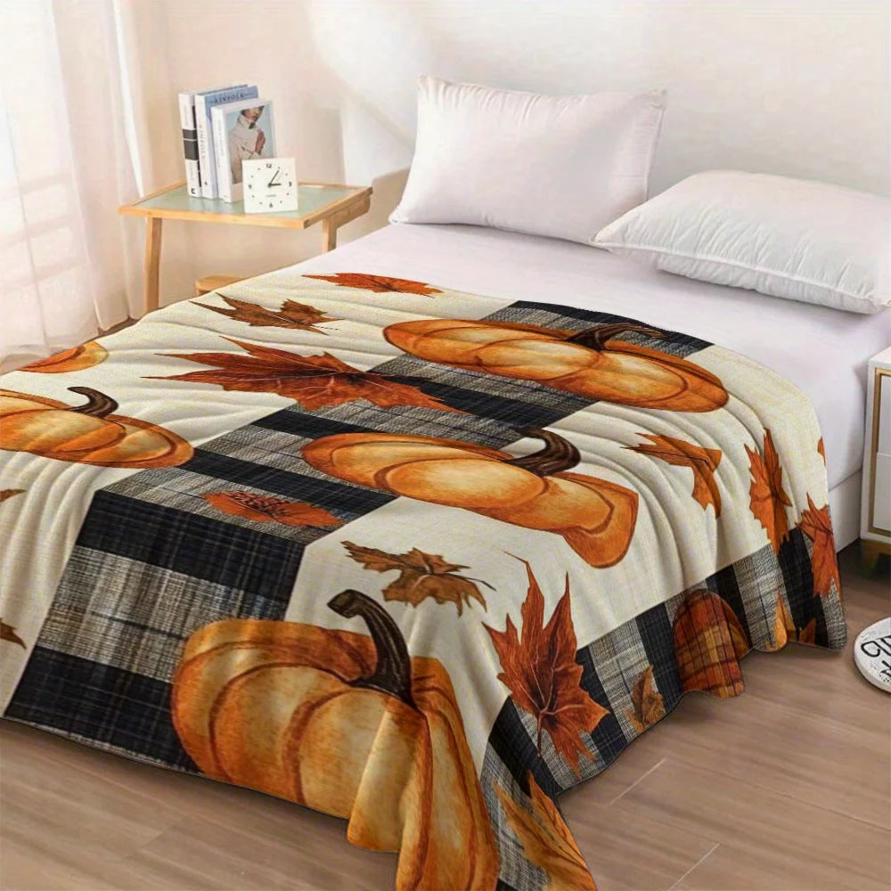 1pc Pumpkin & Fall Leaves Flannel Blanket - Soft Orange/Black/Plaid Pattern Throw - Machine Washable All-Season Bedspread