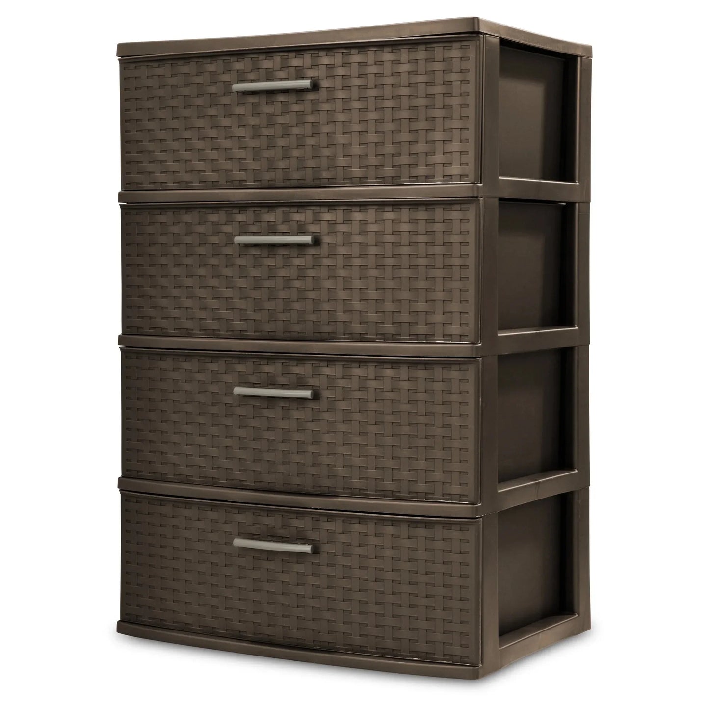 4-Drawer Wide Weave Tower, Brown Plastic Storage Organizer with Pull Handles, For Bedroom, Closet, Office, Home Décor