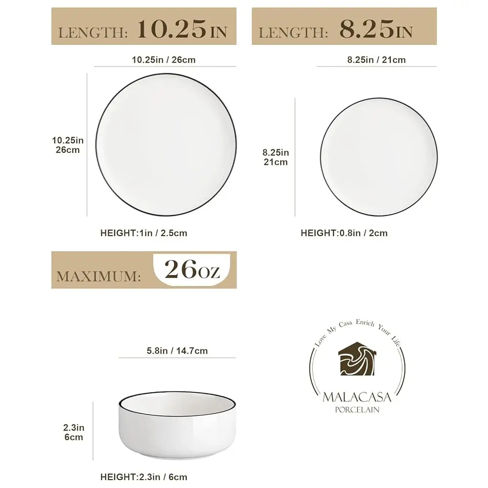 Plates And Bowls Sets, 12 Pieces Modern Porcelain Dinnerware Set For 4 White Kitchen Dinner Dining Ware Set Wtih Bla Rim
