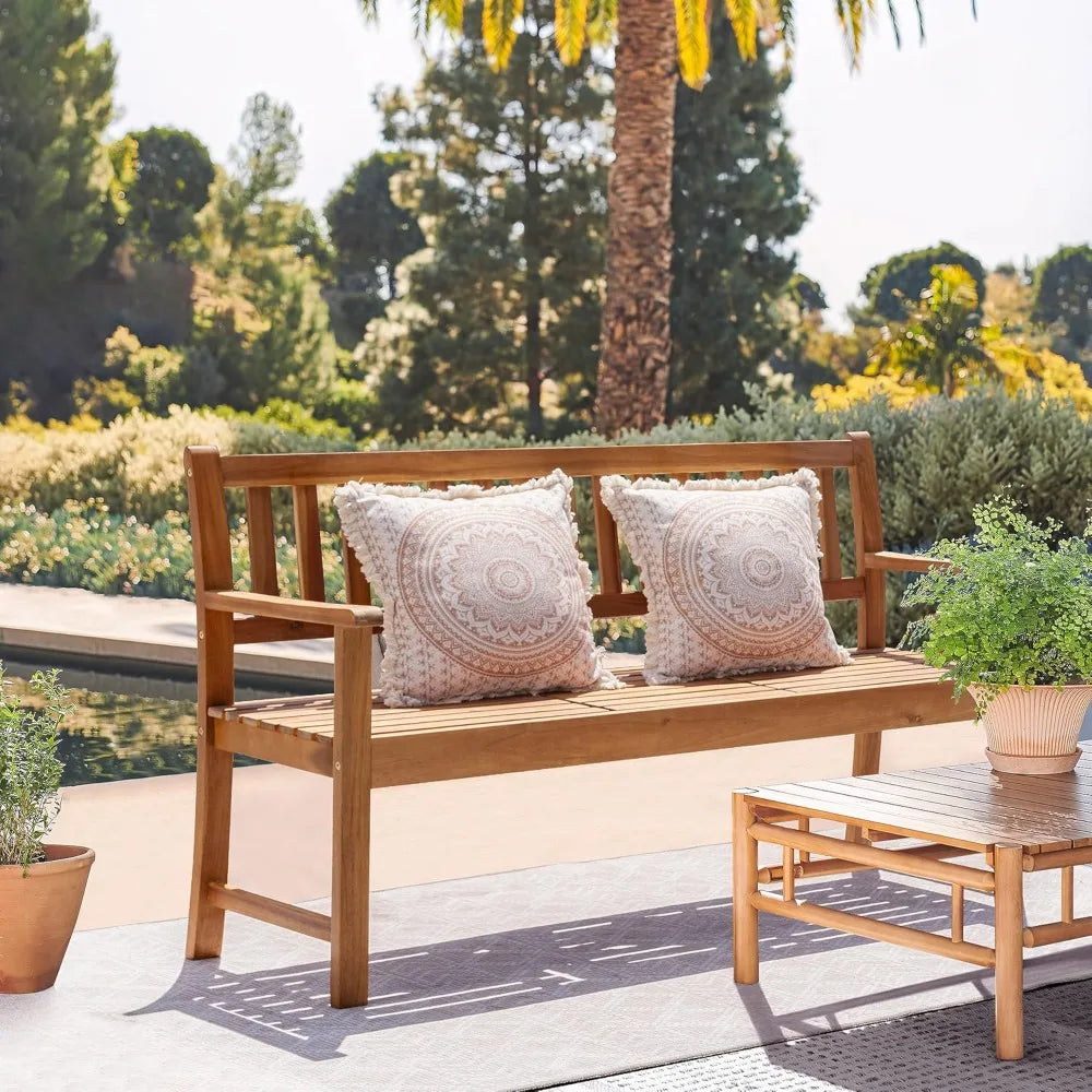 Outdoor Bench, 2-Person Garden Bench, Patio Wood Bench Outdoor Loveseat with Pull-Out Center Table for Backyard