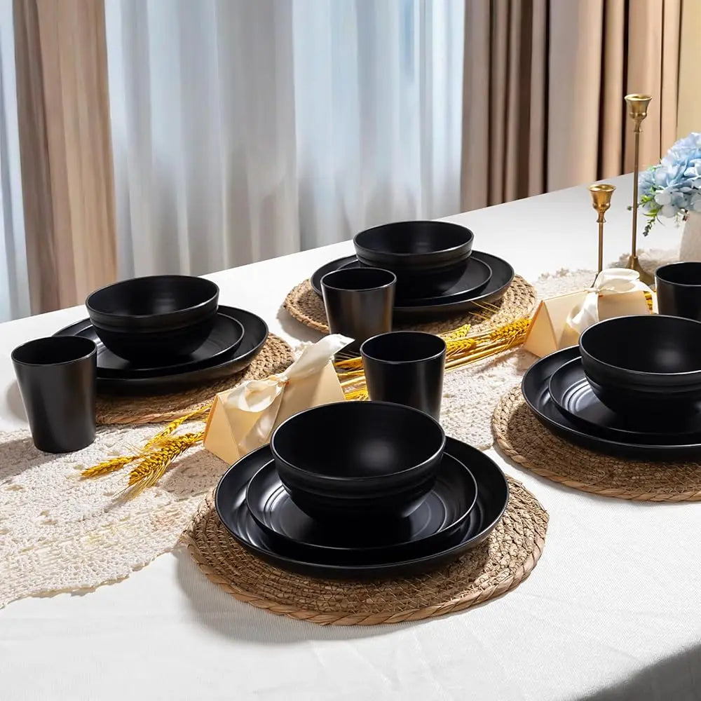 Liyh 24Pcs Wheat Straw Dinnerware Sets Unbreakable Dinner Plates And Bowls Set Bla Plastic Dinnerware Set Lude 12Pcs Wheat