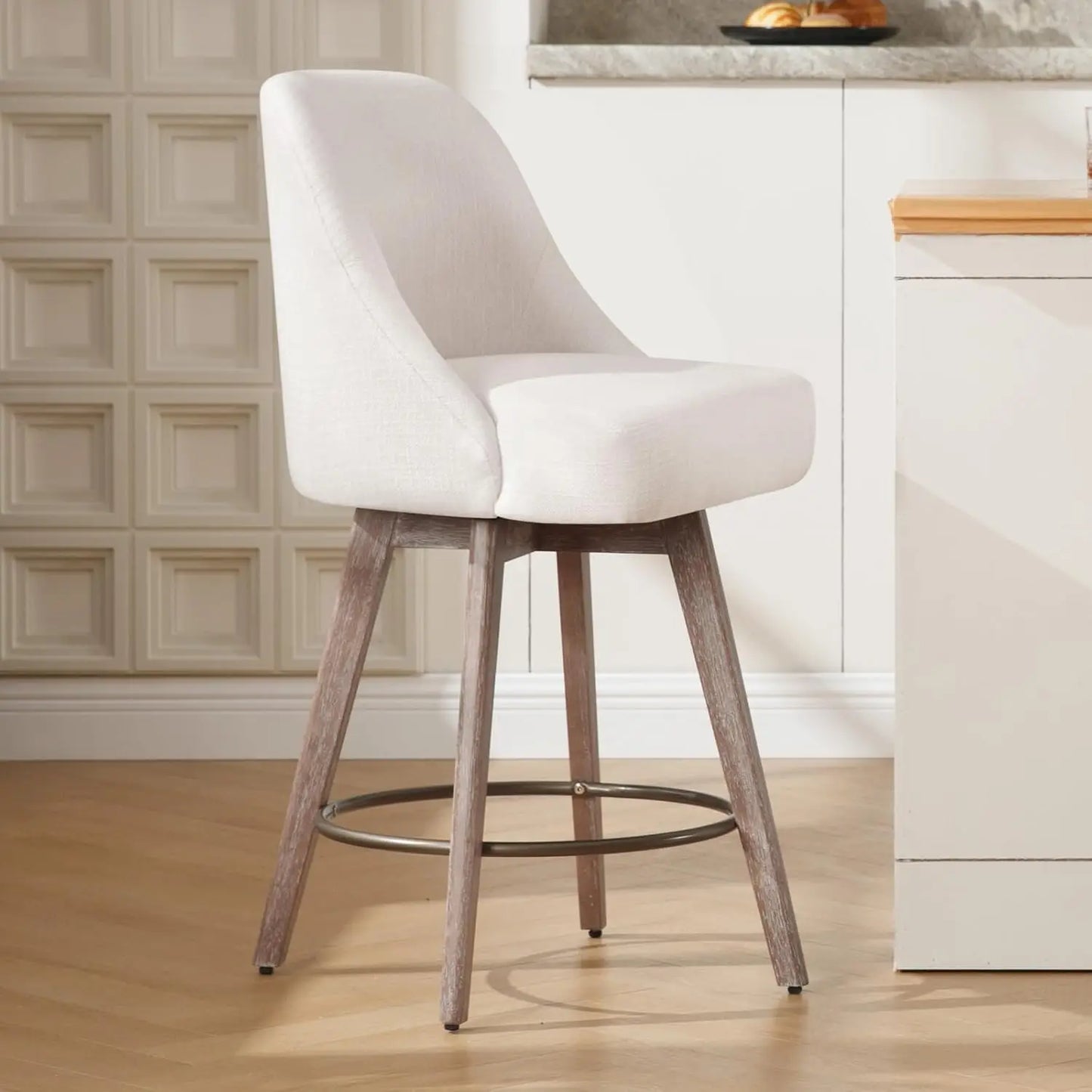 Counter Height Bar Stools Set of 2, Modern Mid-Century Swivel Barstools with Backs and Wood Legs, Linen Fabric Upholstered