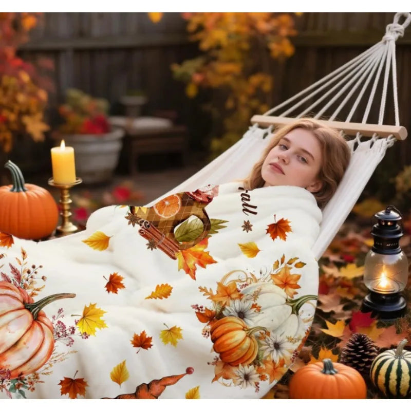 Fall Pumpkin and Gnome Throw Blanket, Fall Maple Leaf Blanket, Fall Themed Thanksgiving Farmhouse Home Decor Gift