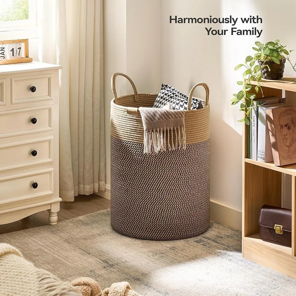 Large Laundry Hamper Woven Storage Basket Clothes Toys Decorative Cotton Rope with Handles Ideal Bedroom and Organizing
