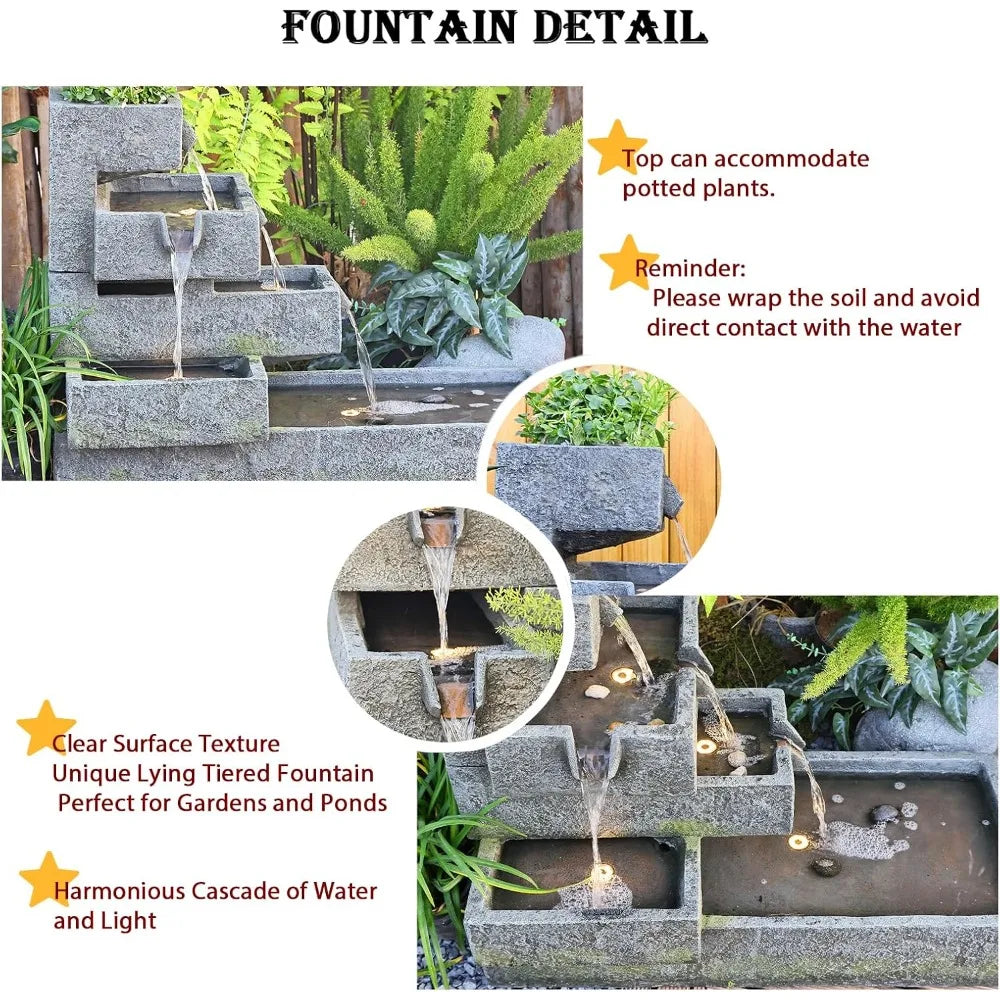 Tiered Water Fountain Outdoor Garden - Waterfall Indoor Freestanding Cascade Fountain Concrete Artistry Modern Style with LED Li