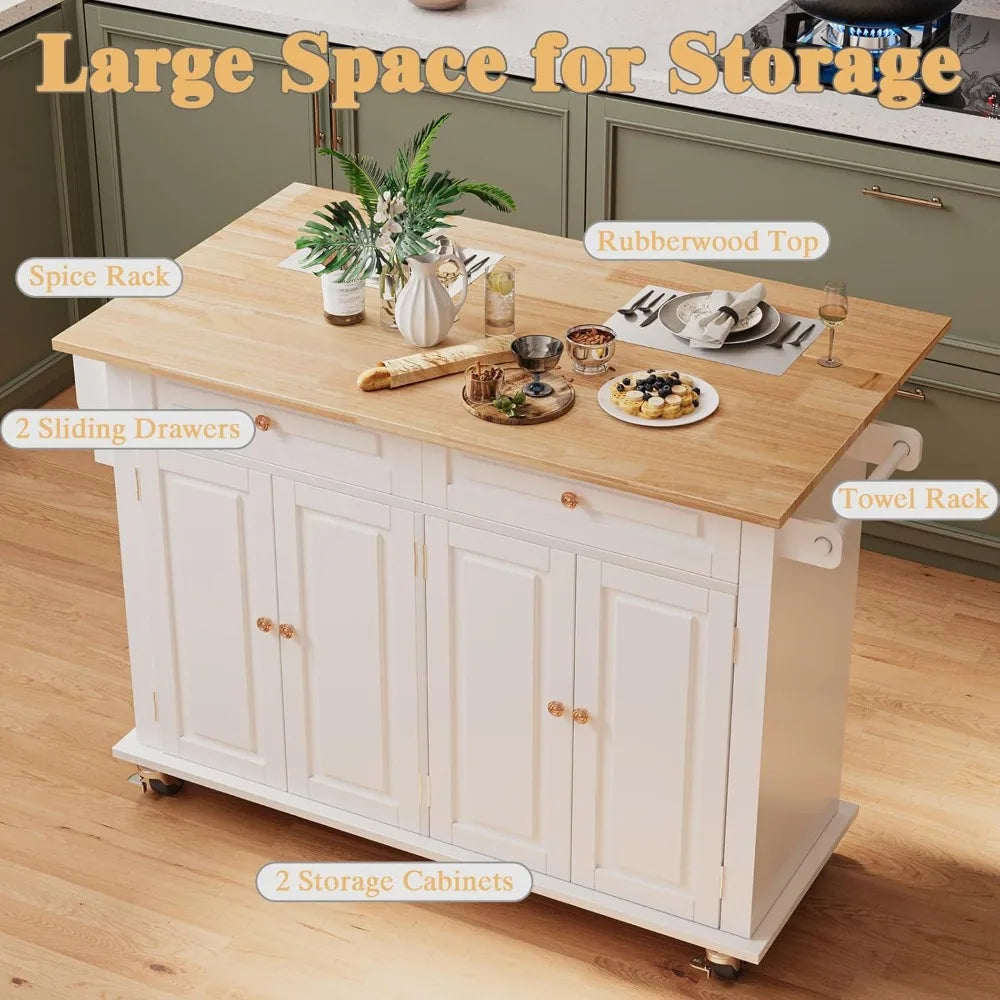 51.2'' Rolling Kitchen Island with Drop Leaf - Kitchen Carts on Wheels with Storage, Towel Rack, Drawers Island Table for Kitche