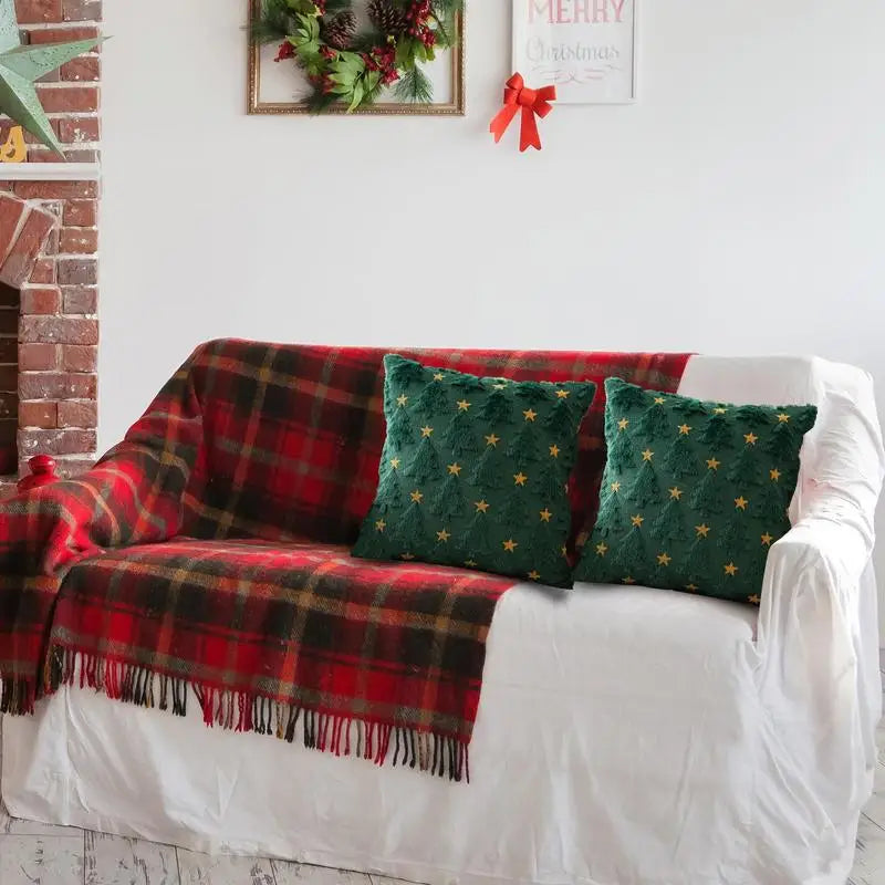 Christmas Cushion Covers Green Christmas Tree With Golden Star Square Pillowcase Holiday Home Decoration Winter Holiday Soft