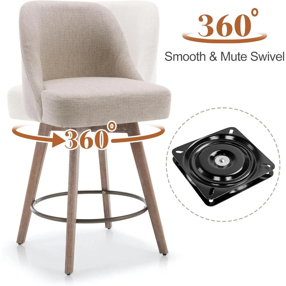 Counter Height Bar Stools Set of 2, Modern Mid-Century Swivel Barstools with Backs and Wood Legs, Linen Fabric Upholstered