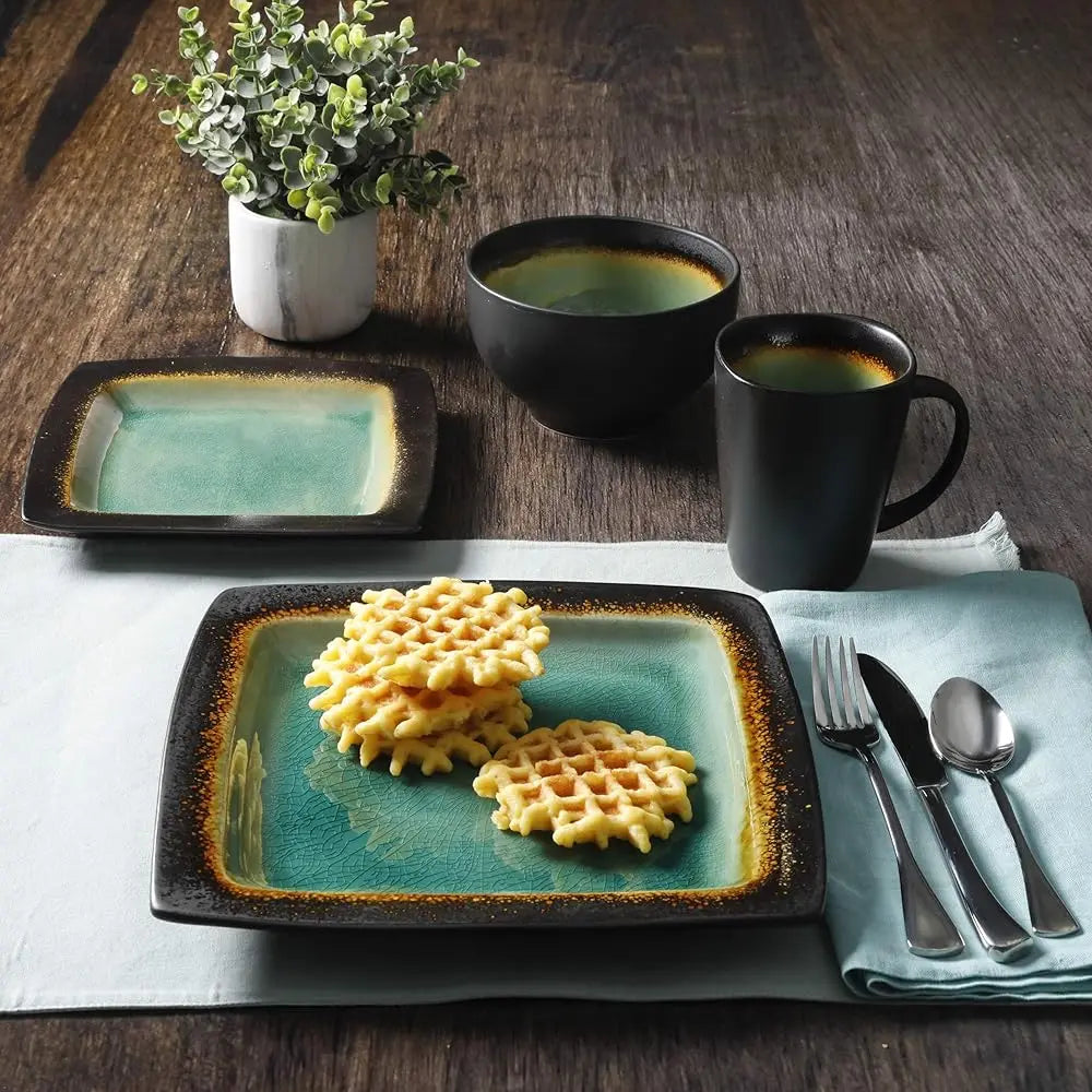 Ocean Paradise Square Reactive Glaze Stoneware Dinnerware Set, Service For 4 (16Pcs), Jade
